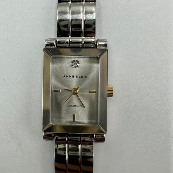 3Anne Klein Diamond Watch Women Silver Tone 16MM Rectangle Case 6.5" Working - Picture 2 of 11